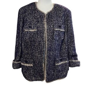 Talbots Tweed Blazer Purple Wool Blend Open Front Fringe Trim Womens 16 W